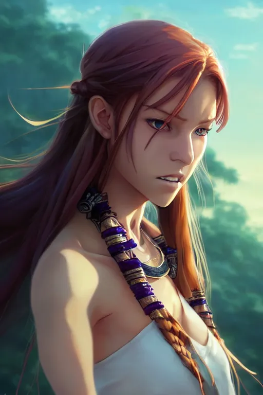 Prompt: long ginger hair, tanned woman in a prehistoric outfit, green eyes, fang necklace, by artgerm, hair tied in a ponytail, white backdrop, soft lighting, blue and purple colors, by greg rutkowski makoto shinkai takashi takeuchi