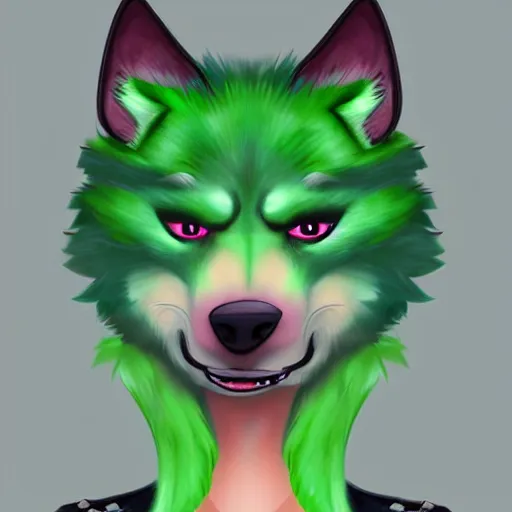 Image similar to Beautiful digital painting of an anthro anthropomorphic pastel-green wolf, Punk outfit.