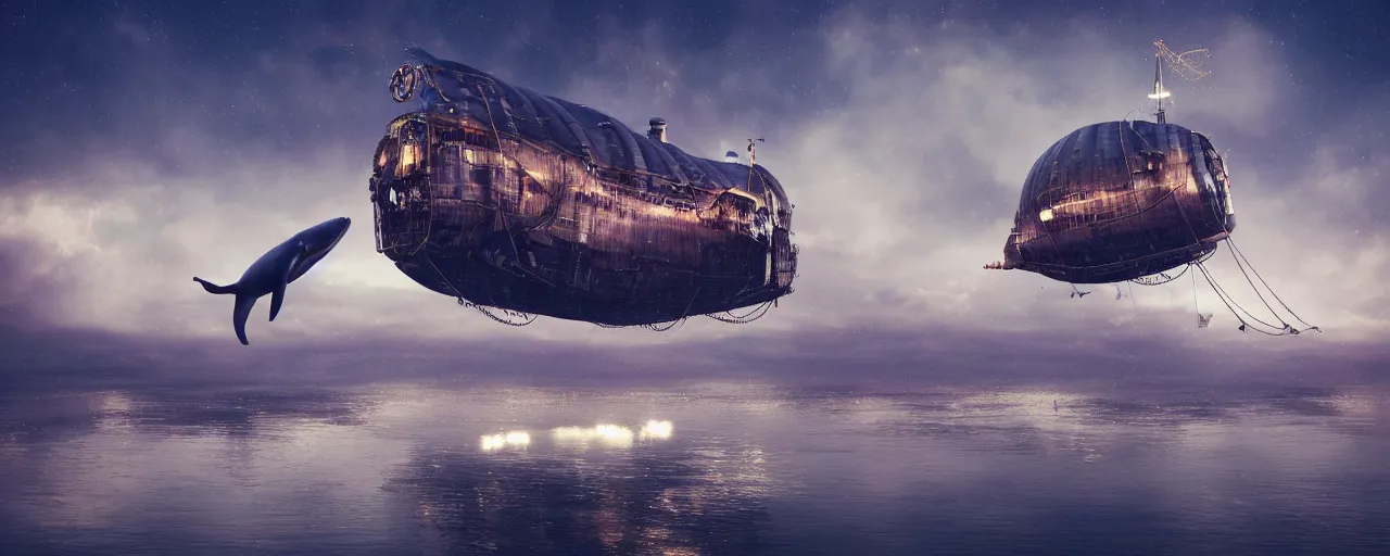 Prompt: a whale jumping a steampunk airship skyship at night during full moon on a cloudy night, high detail, octane render, reflective surfaces