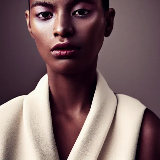 Image similar to a muted colors natural make-up portrait photograph of a black model, editorial story, Vogue France, editorial photographer by Peter Gehrke