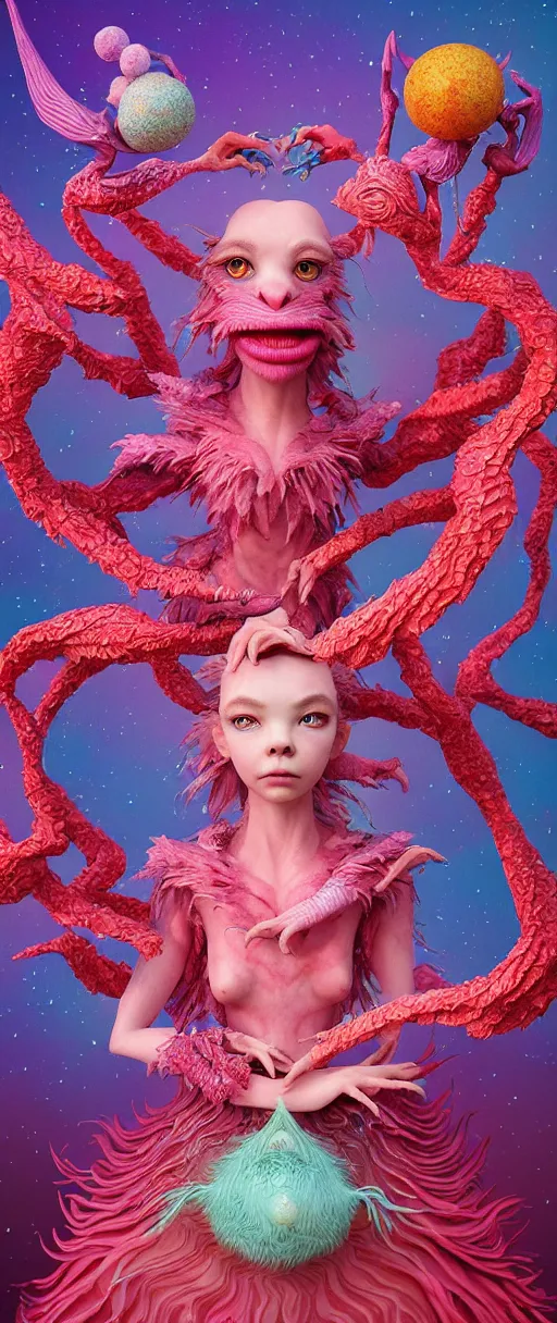 Image similar to hyper detailed 3d render like a Oil painting - kawaii portrait of two Aurora (a beautiful skeksis muppet fae princess protective playful expressive from dark crystal that looks like Anya Taylor-Joy) seen red carpet photoshoot in UVIVF posing in scaly dress to Eat of the Strangling network of yellowcake aerochrome and milky Fruit and His delicate Hands hold of gossamer polyp blossoms bring iridescent fungal flowers whose spores black the foolish stars by Jacek Yerka, Ilya Kuvshinov, Mariusz Lewandowski, Houdini algorithmic generative render, golen ratio, Abstract brush strokes, Masterpiece, Edward Hopper and James Gilleard, Zdzislaw Beksinski, Mark Ryden, Wolfgang Lettl, hints of Yayoi Kasuma and Dr. Seuss, octane render, 8k