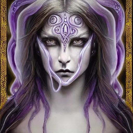 Prompt: Elden Ring themed painting of majestic chromatic purple-eyed girl with thin purple tentacles on her head beautiful ethereal angel symmetrical neutral black metal closeup face tattoo pattern golden ratio concept, Neo-Gothic concept, infinity glyph waves, intricate artwork masterpiece, very coherent artwork, cinematic, full frontal facial features by Artgerm, art by H.R. Giger, Joseph Michael Linsner, Zdizslaw Beksinski, Johnatan Wayshak, Moebius, Ayami Kojima, very anatomically coherent artwork, trending on cgsociety, ultra high quality model, production quality cinema model, high detail chromatic ink outline, octane render, unreal engine 8k, hyper realism, high detail, octane render, unreal engine, 8k, High contrast