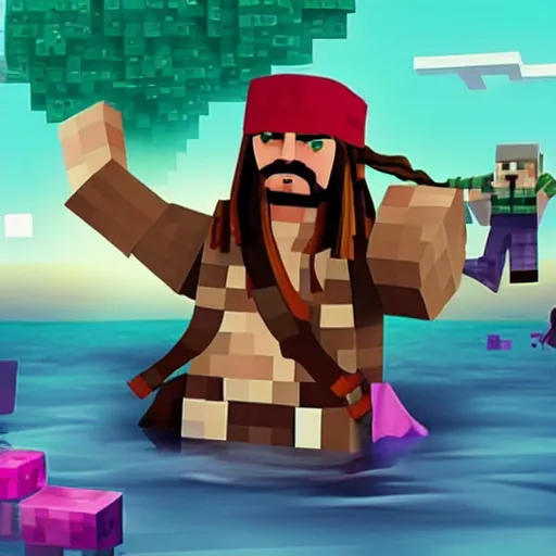 Prompt: Jack Sparrow andando na prancha de um barquinho de papel num mar de slime com o vários clones do mal do resendeevil do Minecraft boiando. E quem tá fazendo ele andar da prancha é o Bob esponja