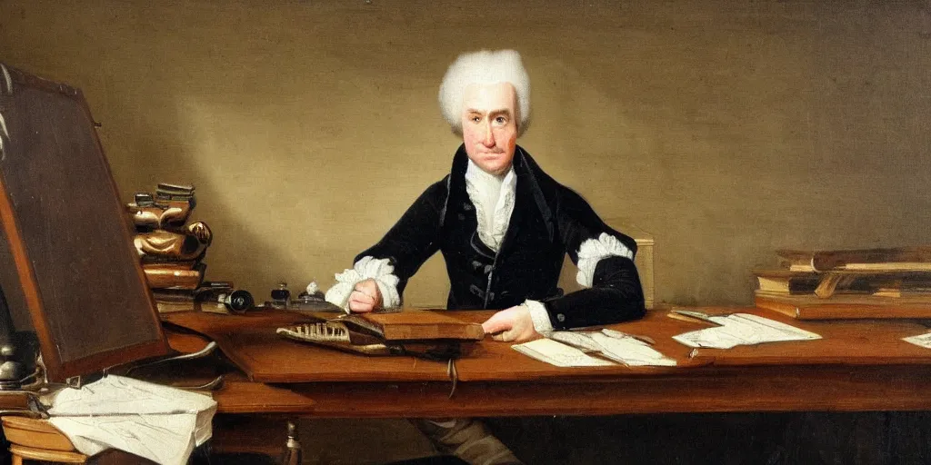 Prompt: 18th century painting of a man sitting at his desk, frustrated with his computer, oil painting, very detailed, 4k