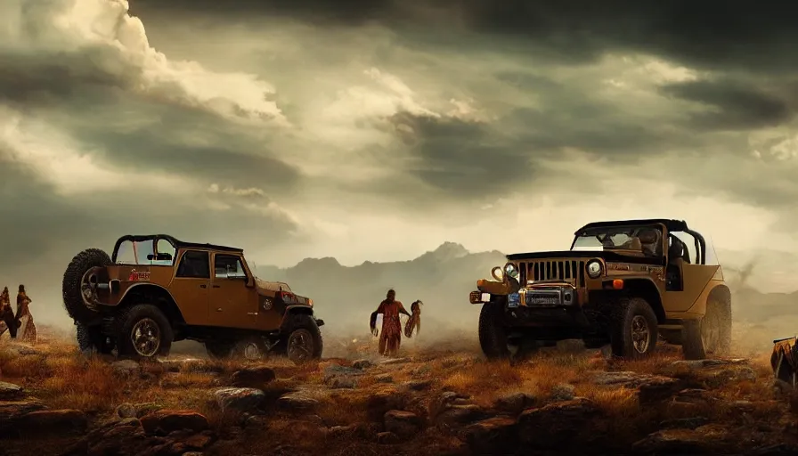 Image similar to Mahindra thar, tribe members watching nearby, an epic fantasy, dramatic lighting, cinematic, establishing shot, extremely high detail, photorealistic, cinematic lighting, artstation, by christopher nolan, horizon forbidden west