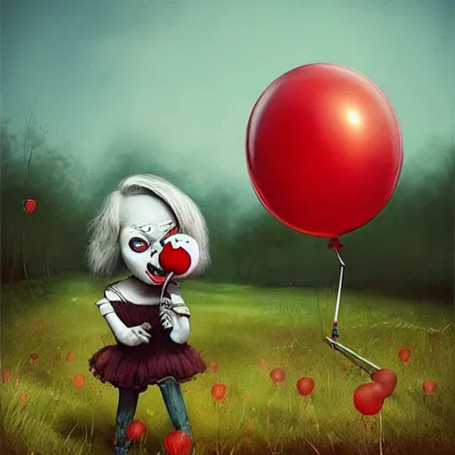 Image similar to grunge cartoon landscape painting of bilie eilish with a wide smile and a red balloon by - michal karcz, loony toons style, pennywise style, horror theme, detailed, elegant, intricate