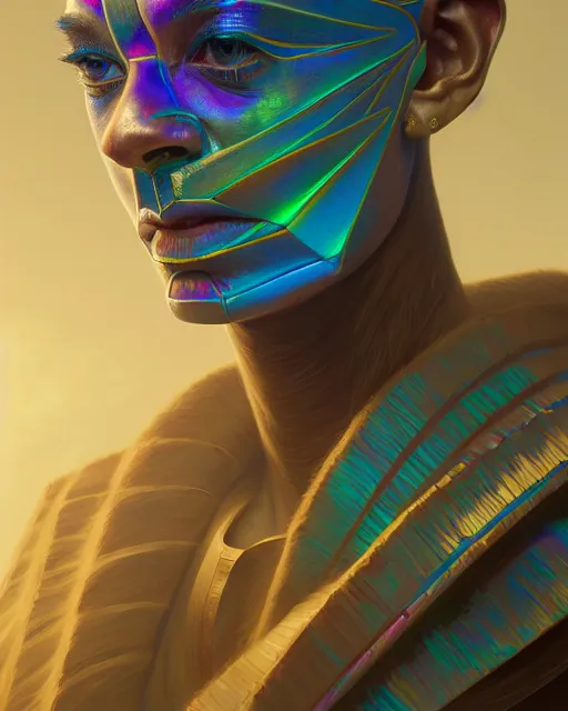 Image similar to highly detailed surreal vfx portrait of a metallic chromatic geometric tribal magician, behance, stephen bliss, unreal engine, greg rutkowski, loish, rhads, beeple, makoto shinkai and lois van baarle, ilya kuvshinov, rossdraws, tom bagshaw, alphonse mucha, global illumination, detailed and intricate environment