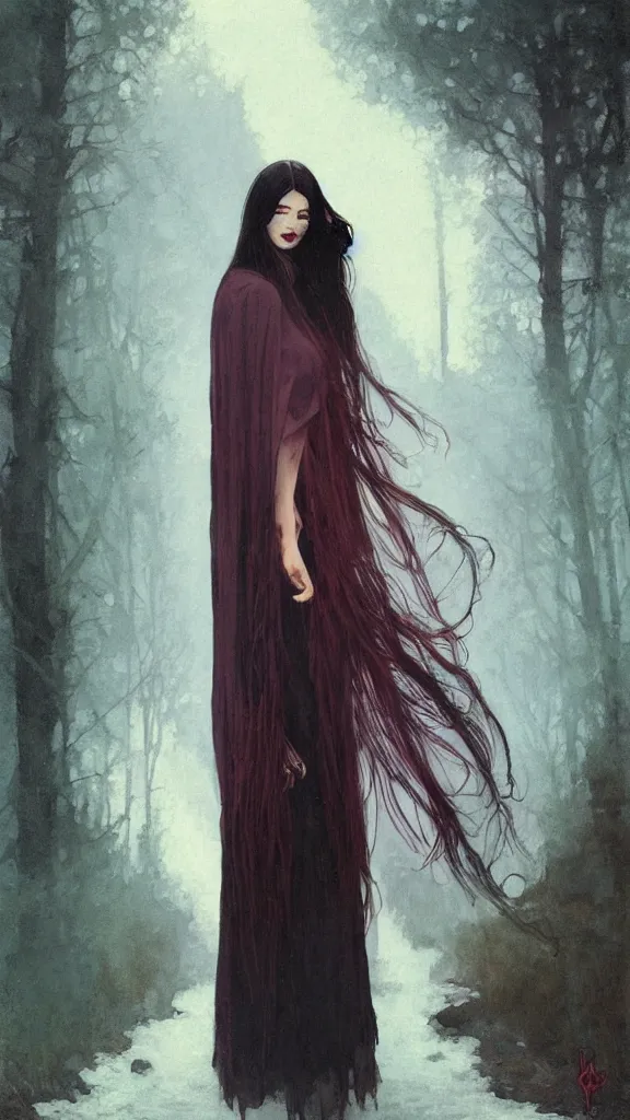 Prompt: pulp art, gorgeous long black hair girl at witch ritual, wooden jewerly, elegant, boho poncho and long maxi dress, winter, dark mood, vibrant, smooth, by ilya kuvshinov, craig mullins, edgar maxence, alphonse mucha, artgerm, sakimichan,