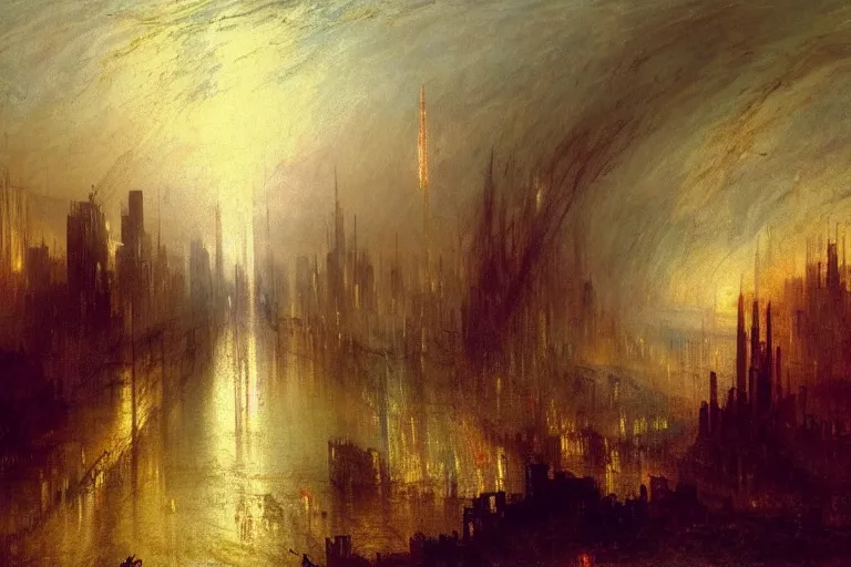 Image similar to cyberpunk post-apocalyptic city landscape with hooded figure painted by William Turner 1860