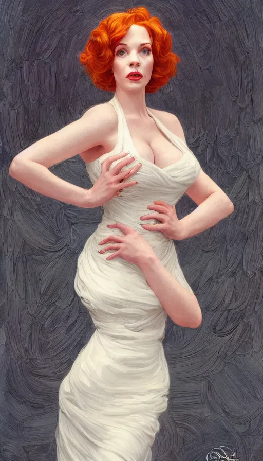 Prompt: Angel, perfectly-centered-painting of young Christina Hendricks in Mad Men in a bride dress, sweaty, dynamic action pose, insane, intricate, highly detailed, digital painting, artstation, concept art, smooth, sharp focus, illustration, Unreal Engine 5, 8K, art by artgerm and greg rutkowski and alphonse mucha