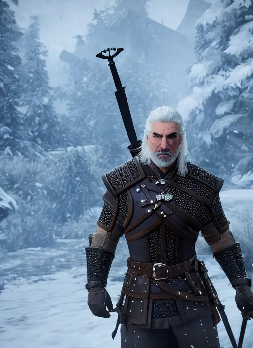 Image similar to film still of tom selleck as geralt of rivia in the witcher 3, gameplay, 8 k, hd