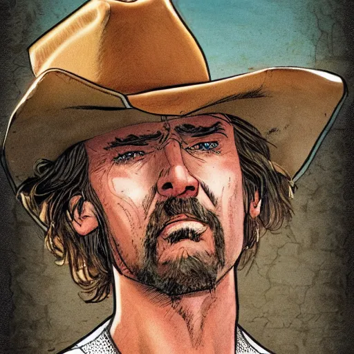 Image similar to character portrait of post - apocalyptic desert ranger, cowboy, stetson, short stubble, illustration by glenn fabry