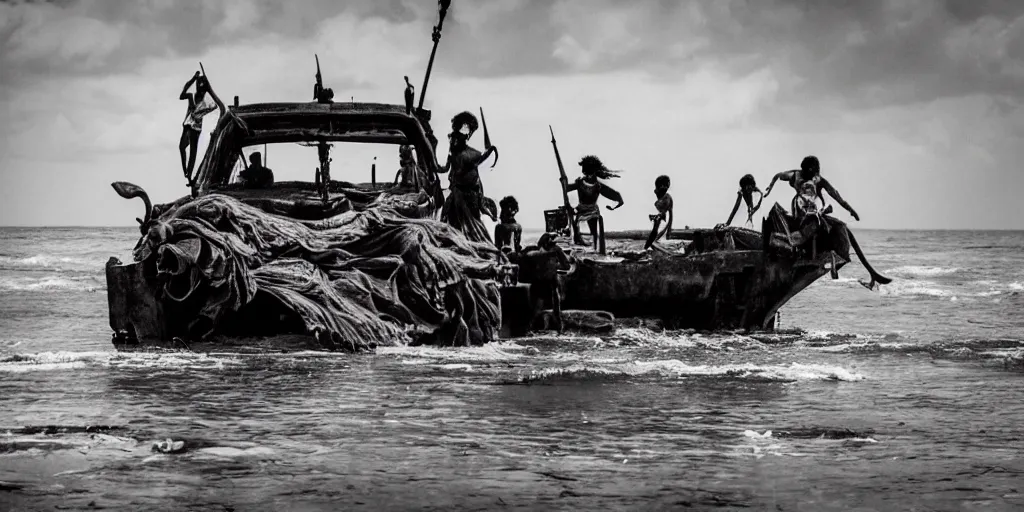 Prompt: sri lankan mad max style on boats, ocean, film still, epic shot cinematography, rule of thirds