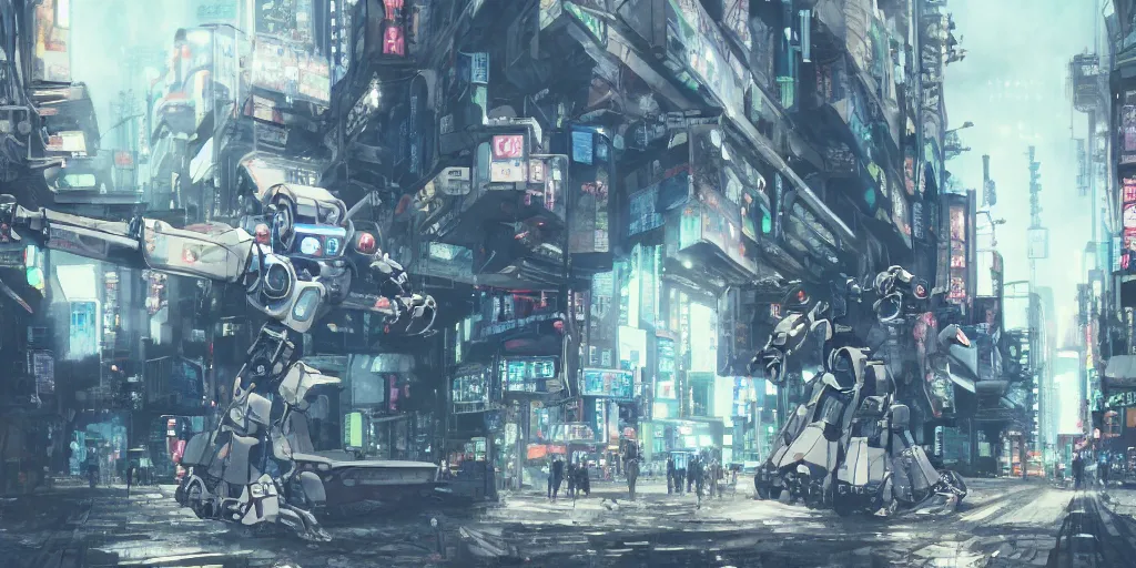 Image similar to a robot mecha wandering in a deserted shinjuku junk town, anime watercolor, soft bloom lighting, paper texture, movie scene, cyberpunk, animatronic, black smoke, pale beige sky pencil marks hd, 4k, remaster, dynamic camera angle, deep 3 point perspective, fish eye, dynamic scene