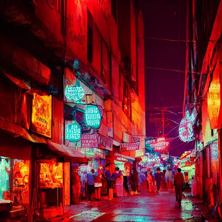 Prompt: 1 9 8 0's photo by josh pierce and prateek vatash and roman bratschi, looking down a tight american art decco alleyway street filled with small shops and food vendors and glowing string lights and neon signs and fog, reflective puddles, hanging leaves, night, 4 d, 4 k, ray tracing reflections, volumetric lighting and shadows,