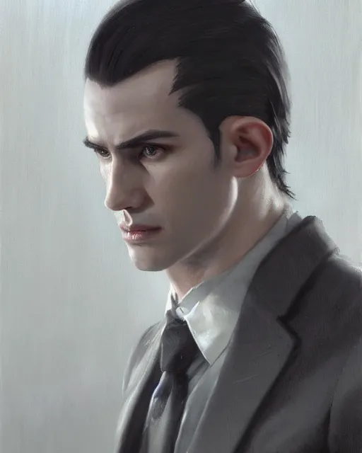 Image similar to A hyper realistic oil painting of a 20 year old high elf with a sharp facial features, dressed in a grey suit, shoulder length black hair, clean shaven, dark eyes, by Greg Rutkowski, creepy atmosphere, moody cinematic lighting, trending on artstation