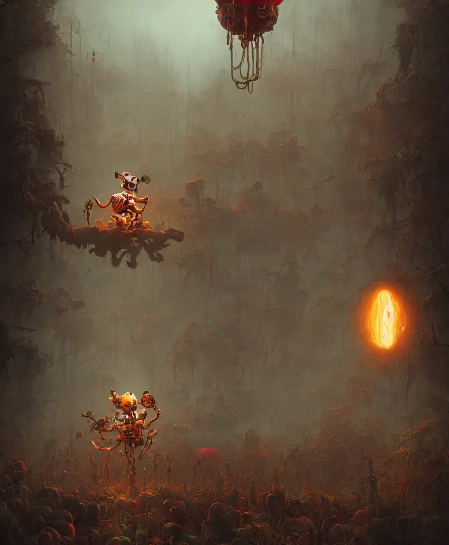 Prompt: skull clown, circus, illustrated by Simon Stålenhag and Gaston Bussiere, 35mm lens, beautiful volumetric-lighting-style atmosphere, intricate, ultra detailed, photorealistic imagery, trending on artstation, 4k, 8k