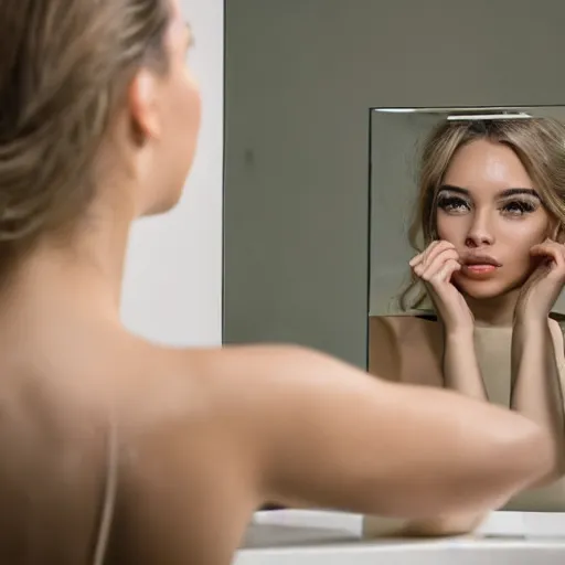 Prompt: a beautiful woman sitting at a vanity in front of a mirror, beautiful face, fashion photography, elegant furniture, cracked mirror, cracks