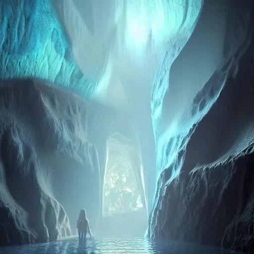 Image similar to travellers,beyond time ,the cathedrals in a underground vast cave canyon grotto, of life the beginning , geological strata,ground mist, falling water,deep clear pools of water,reflection,refraction, hyper-maximalist,micro details, 3d sculpture,,digital rendering,octane render , 4k, artstation, concept art ,amazing lighting, f42,deep depth of field,photographic, wide angle,cinematic lighting, by Sparth and Greg Rutkowski,