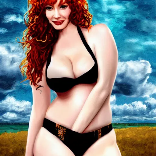 Image similar to christina hendricks with cow girl bikini, digital art
