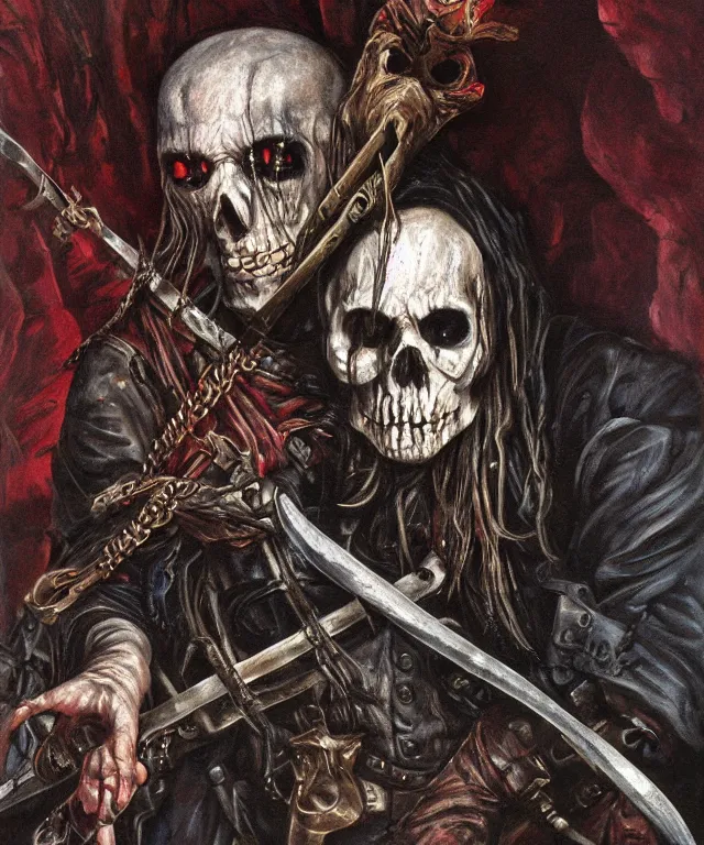 Image similar to ultra realistic color portrait painting of an undead 1 7 th century pirate with a sword in a grotto, dark, painted, brooding, atmospheric, seascape, horror, smooth, epic, highly detailed, cinematic, by larry elmore