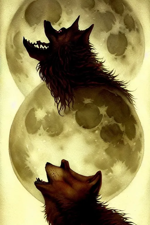 Image similar to werewolf and the full moon | esoteric symbolism | jean - baptiste monge, esao andrews, bastien lecouffe - deharme, tim jacobus, ken currie | ultra - detailed realism, soft cinematic lighting, hi - fructose, artstation, high - quality, ink watercolors wes anderson poster art