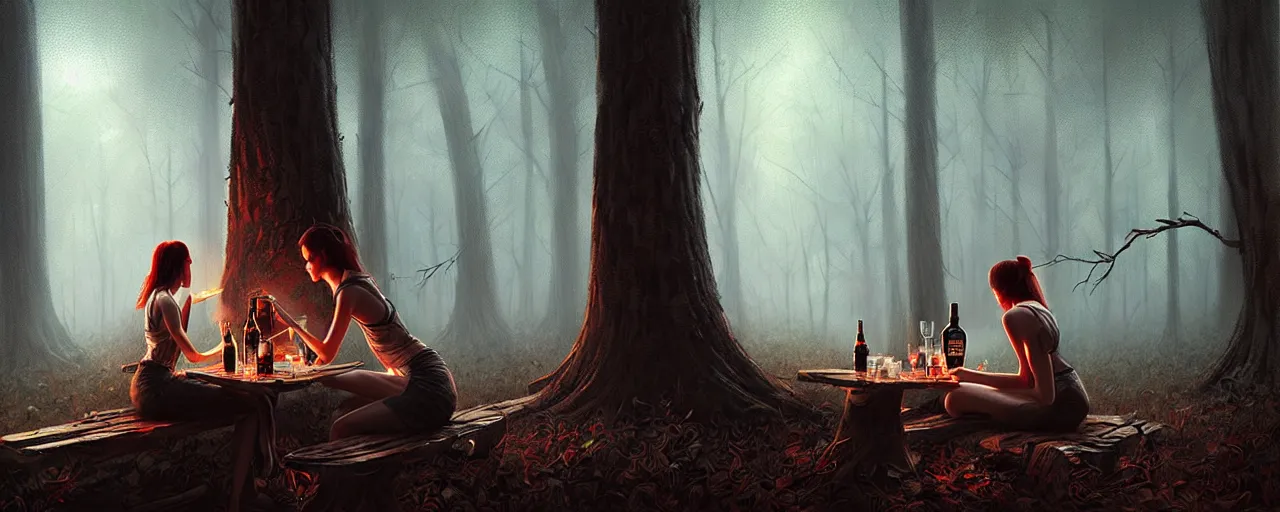 Prompt: girl drink jack daniels in forest, detailed digital art by greg rutkowski.