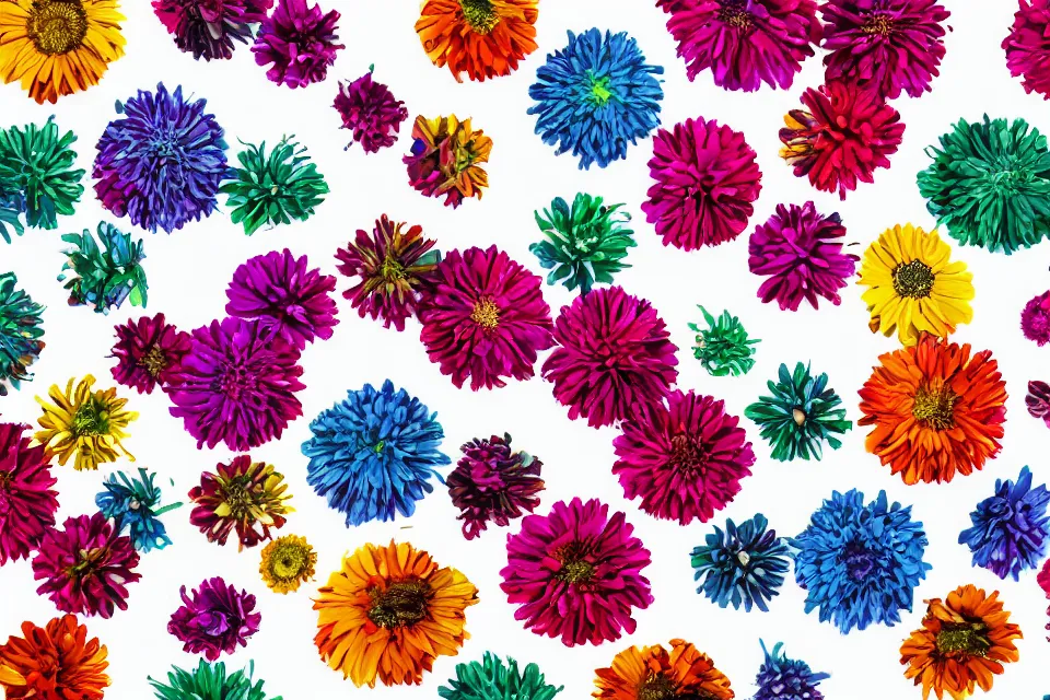 Prompt: a bouquet of multicolored alien flowers on a white background