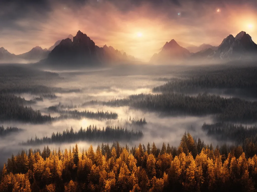 Image similar to epic crystalline taiga with a lake, golden hour, misty ground, rocky ground, distant mountains, atmospheric perspective, altostratus clouds, planets, cinematic, 3 5 mm lens, photographic, octane render, cinematography by roger deakins, in the style of ansel adams