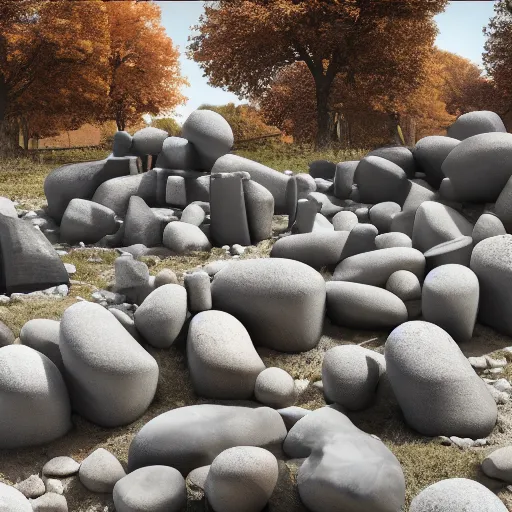 Image similar to sculpture made of piled stones, wood, nails, sunlit, photorealistic, 3 d rendering, higly detailed, minimalist, made with unreal engine, cgsociety, by yves tanguy, by nate boyce, by david smith