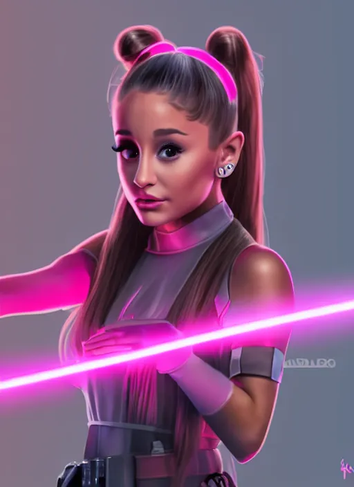 Image similar to An extremely detailed photo of Ariana Grande in the Star Wars universe with two pink lightsabers held in each hand. Maximum detail on artstation, photo realism, vivd details, vivd colour, volumetric lighting. anime art style