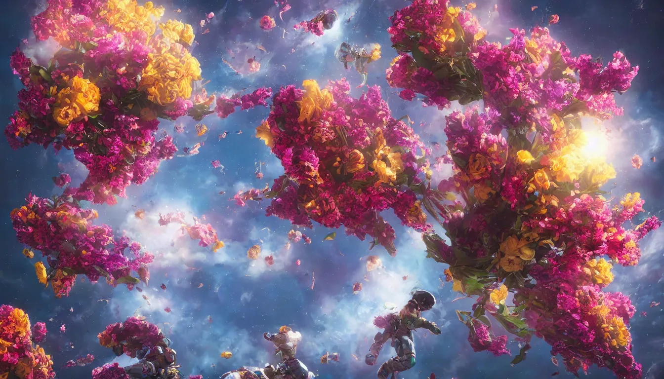 Image similar to An epic fantastic realism comic book style painting of the most beautiful flowers launched into space, bouquets, fisheye lens, unreal 5, DAZ, hyperrealistic, octane render, dynamic lighting