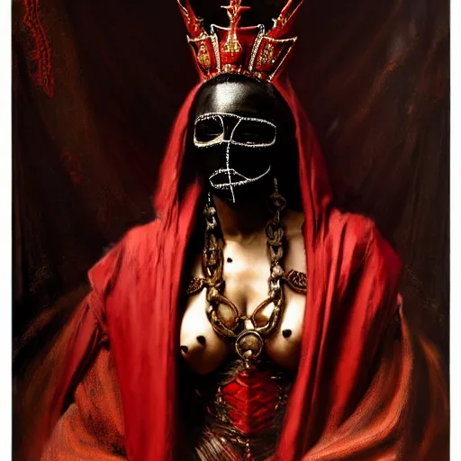 Image similar to full body portrait of black skinned, masked queen in red gothic robes sitting on a throne of bones, elegant, highly detailed painting by gaston bussiere, craig mullins, j. c. leyendecker, 8 k, mid shot