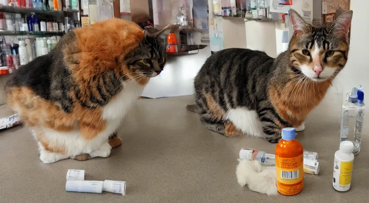 Prompt: a cat standing next to a bottle of medicine. the cat was orange in color and having fluffy fur. animal.