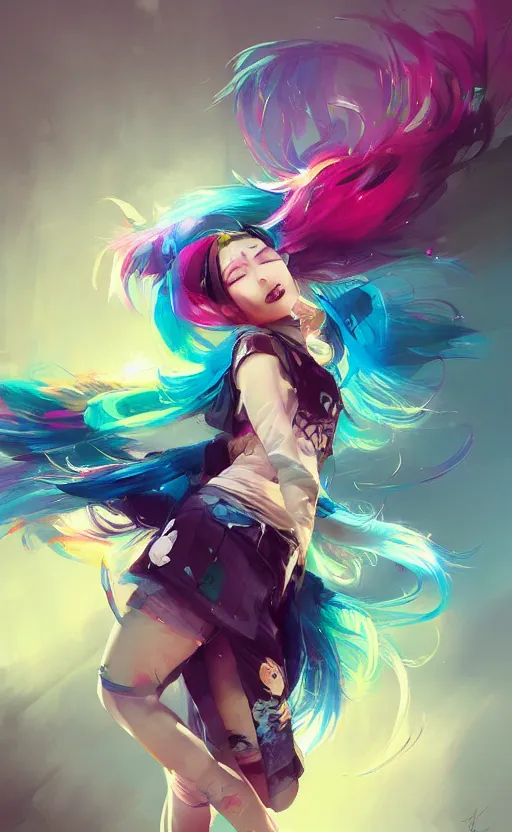 Image similar to a kawaii woman with rainbow hair dancing, kawaii shirt and jeans, In style of Yoji Shinkawa, wojtek fus, by Jordan Grimmer and greg rutkowski, concept art, highly detailed