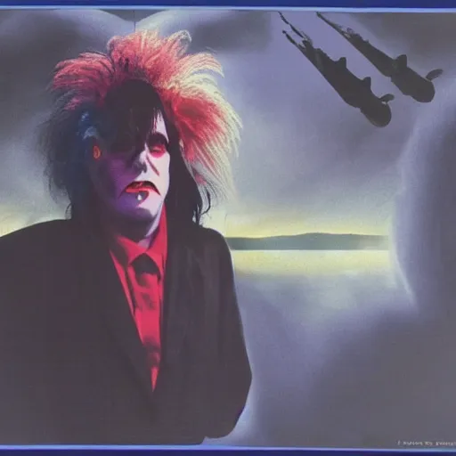 Image similar to robert smith as an alien, illustrated matte painting of a progressive rock album cover, 1 9 7 0 s