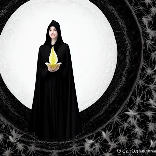 Image similar to a beautiful young witch in a black robe, holding white brugmansia