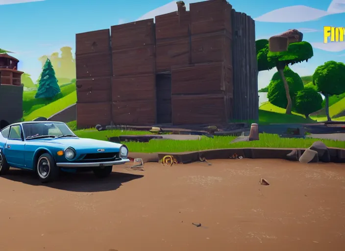 Image similar to a cartoon 1 9 7 0 datsun 2 4 0 z in fortnite, unreal engine