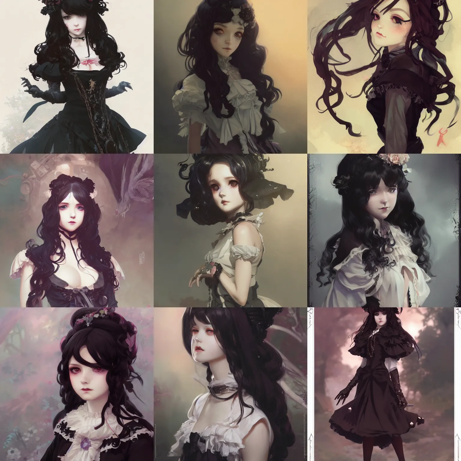 Prompt: a character design of young black lolita dressed girl, gothic black theme, wavy long hair by krenz cushart and mucha and akihito yoshida and greg rutkowski, detailed eyes, 4 k resolution