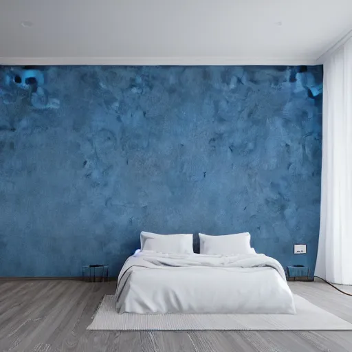 Image similar to interior of a villa, modern minimal design, pour paint art as wall texture, blue, grey, white, photorealist, 4 k