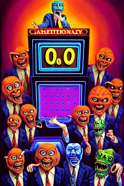 Image similar to a hyperrealistic painting of a trippy gameshow announcer with a panel of monsters playing jeopardy. cinematic horror by jimmy alonzo, the art of skinner, chris cunningham, lisa frank, richard corben, highly detailed, vivid color,