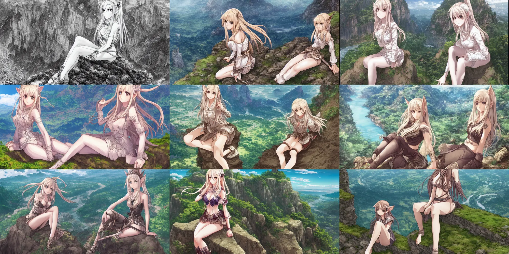 Prompt: alluring highly detailed manga line art wide-angle portrait of (1) a beautiful high-elf girl sitting on the edge of a cliff overlooking a fantasy valley, very detailed, realistic