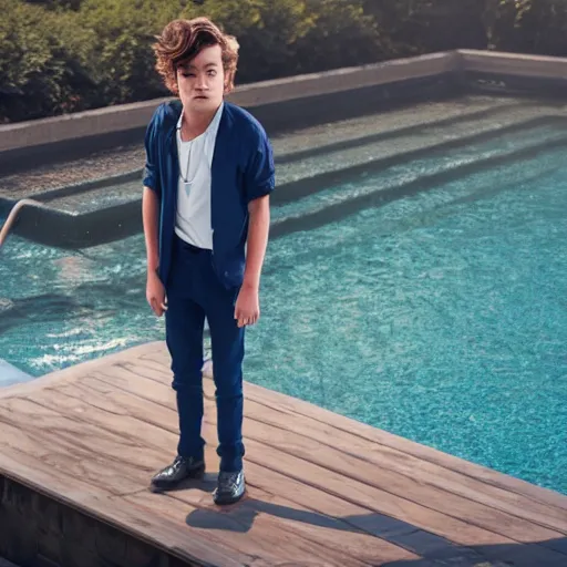 Image similar to young harry styles standing on a diving board above a pool, red weapon 8 k s 3 5, cooke anamorphic / i lenses, highly detailed, cinematic lighting