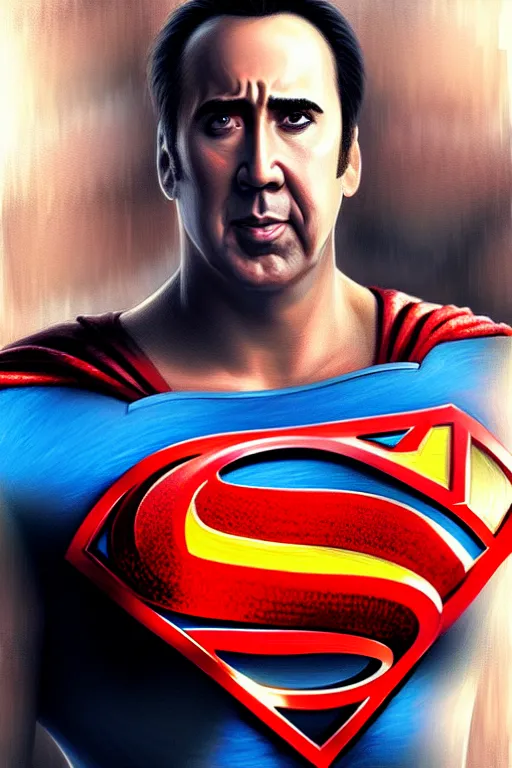 Image similar to portrait of nicolas cage as superman looking away from the camera, intricate, extremely detailed digital painting by greg rutkowski, artstation