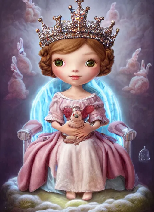 Image similar to highly detailed closeup portrait of a nurse princess wearing a crown and sitting on an ice throne surrounded by bunnies, nicoletta ceccoli, mark ryden, lostfish, earl nore, hyung tae, frank frazetta, global illumination, god rays, detailed and intricate environment