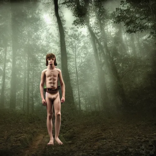 Image similar to a teenage boy, around 1 9 yo. choker necklace. natural brown hair. loincloth, pale skin. detailed face. ominous and eerie looking forest i'm background. natural colors.