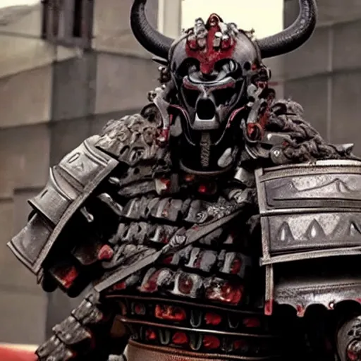 Image similar to very big very buff very strong samurai wearing a scary cyber oni mask, movie still