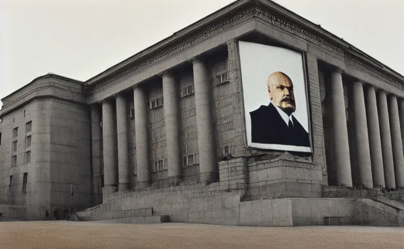 Image similar to 60s movie still of a stalinist style parlement with a giant portrait of Lenin, by Irving Penn , cinestill 800t 35mm eastmancolor, heavy grainy picture, very detailed, high quality, 4k, HD criterion, precise texture