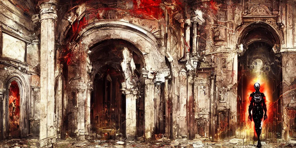 Prompt: gloomy painting of muscular cyborg in biopunk costume standing in doors inside ruined catholic cathedral interiors with walls painted in khokhloma style, gold, red and black, wide angle, 24mm, 8k resolution, detailed, realistic, digital art, very beautiful, award winning, matte painting