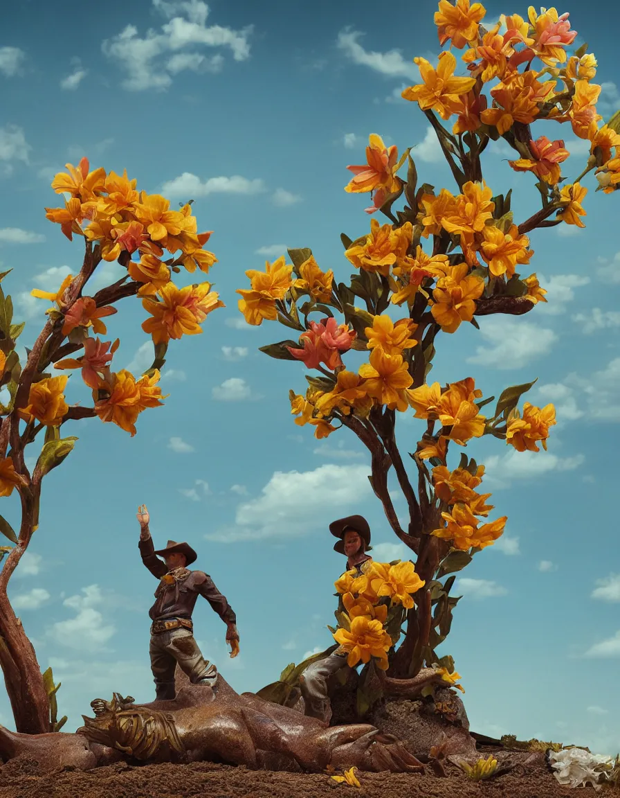 Image similar to a cowboy turning into blooms. tropical sea slugs, tractor tires. complementary colors. national geographic. 8 k, rendered in octane, smooth gradients. sculpture by antonio canova